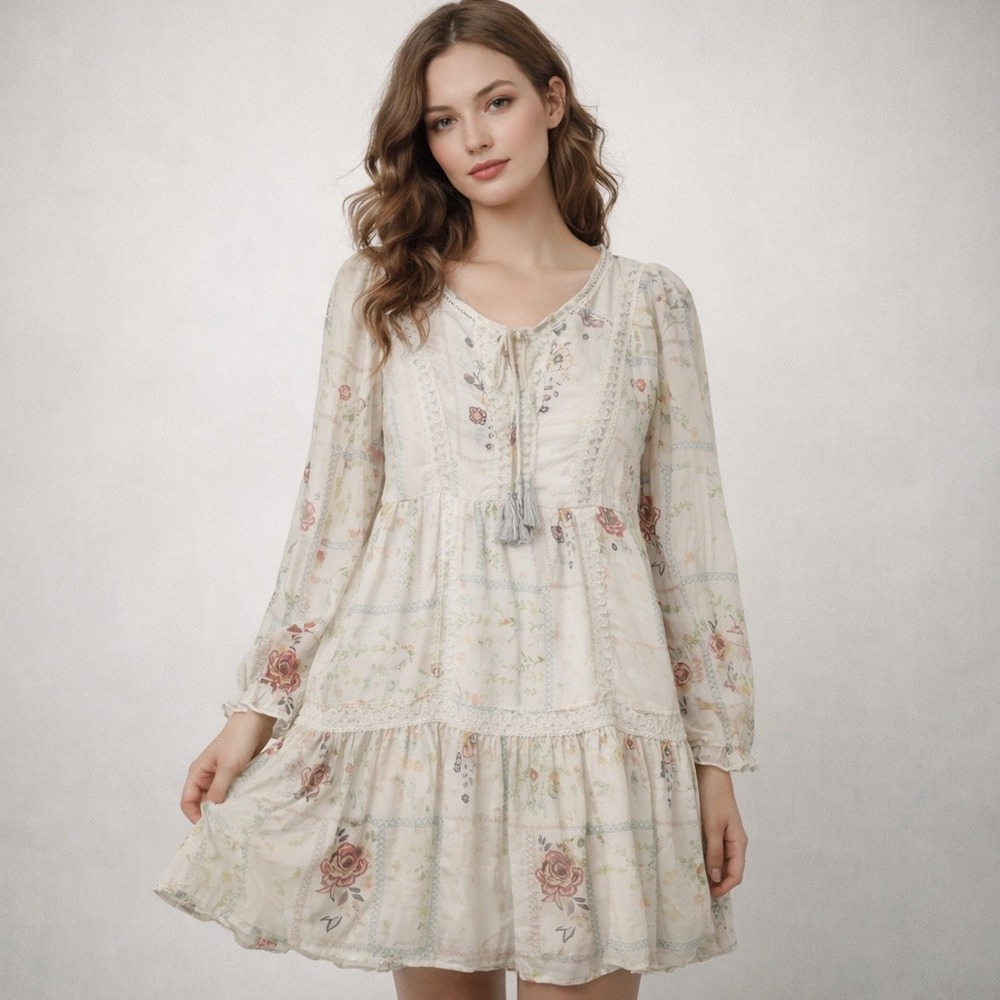 Penelope Rose‎ Mini Dress Womens S White Floral Lace Patchwork Boho Cottage Soft
